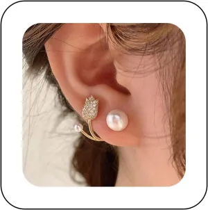 YienDoo Boho Tulip Ear Cuffs with Gold Pave Rhinestone Flowers - Pearl & Crystal Flora Climbers - Women's Statement Earrings