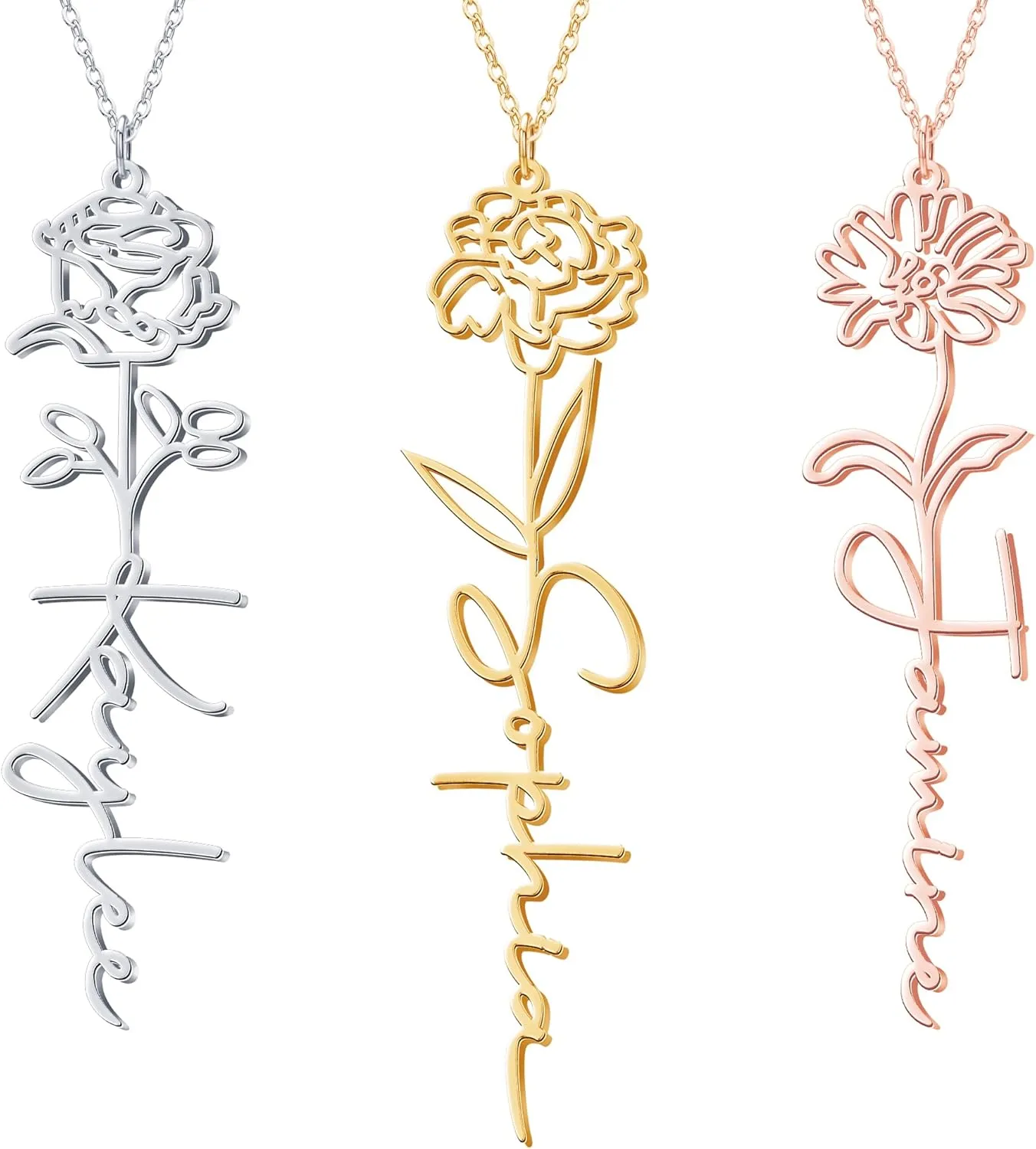 Yofair Name Necklace with Birth Flower 18K Gold Plated Floral Custom Necklace Personalized Bridesmaid Proposal Gifts for Women