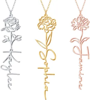 Yofair Name Necklace with Birth Flower 18K Gold Plated Floral Custom Necklace Personalized Bridesmaid Proposal Gifts for Women