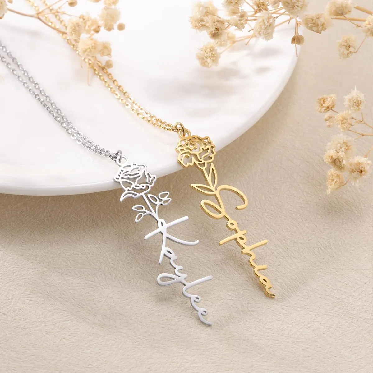 Yofair Name Necklace with Birth Flower 18K Gold Plated Floral Custom Necklace Personalized Bridesmaid Proposal Gifts for Women