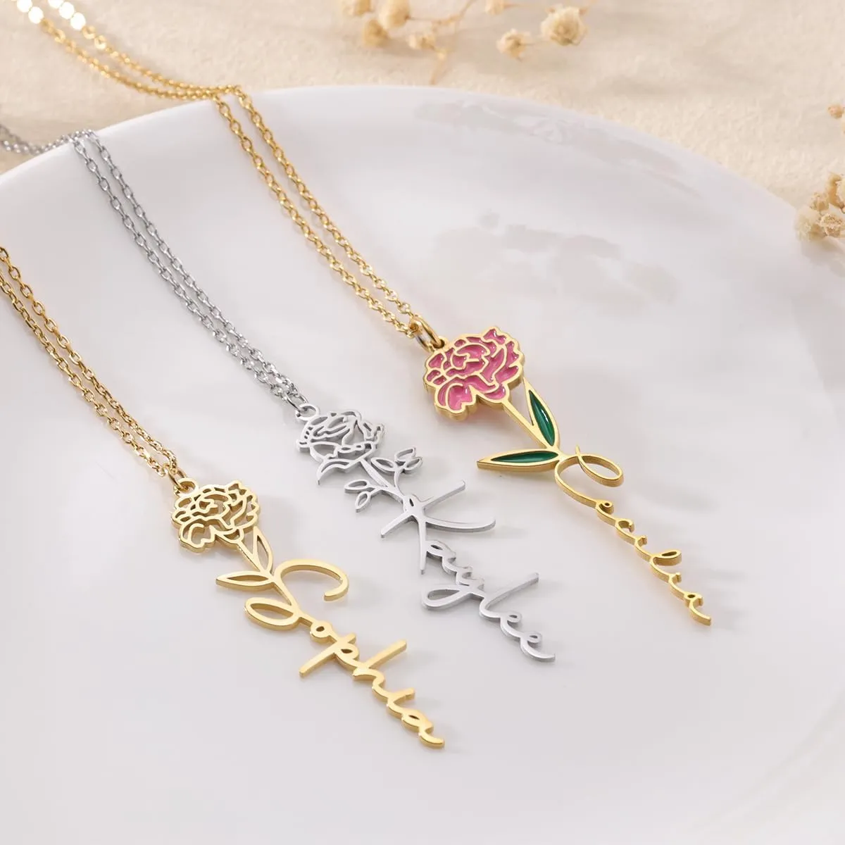 Yofair Name Necklace with Birth Flower 18K Gold Plated Floral Custom Necklace Personalized Bridesmaid Proposal Gifts for Women