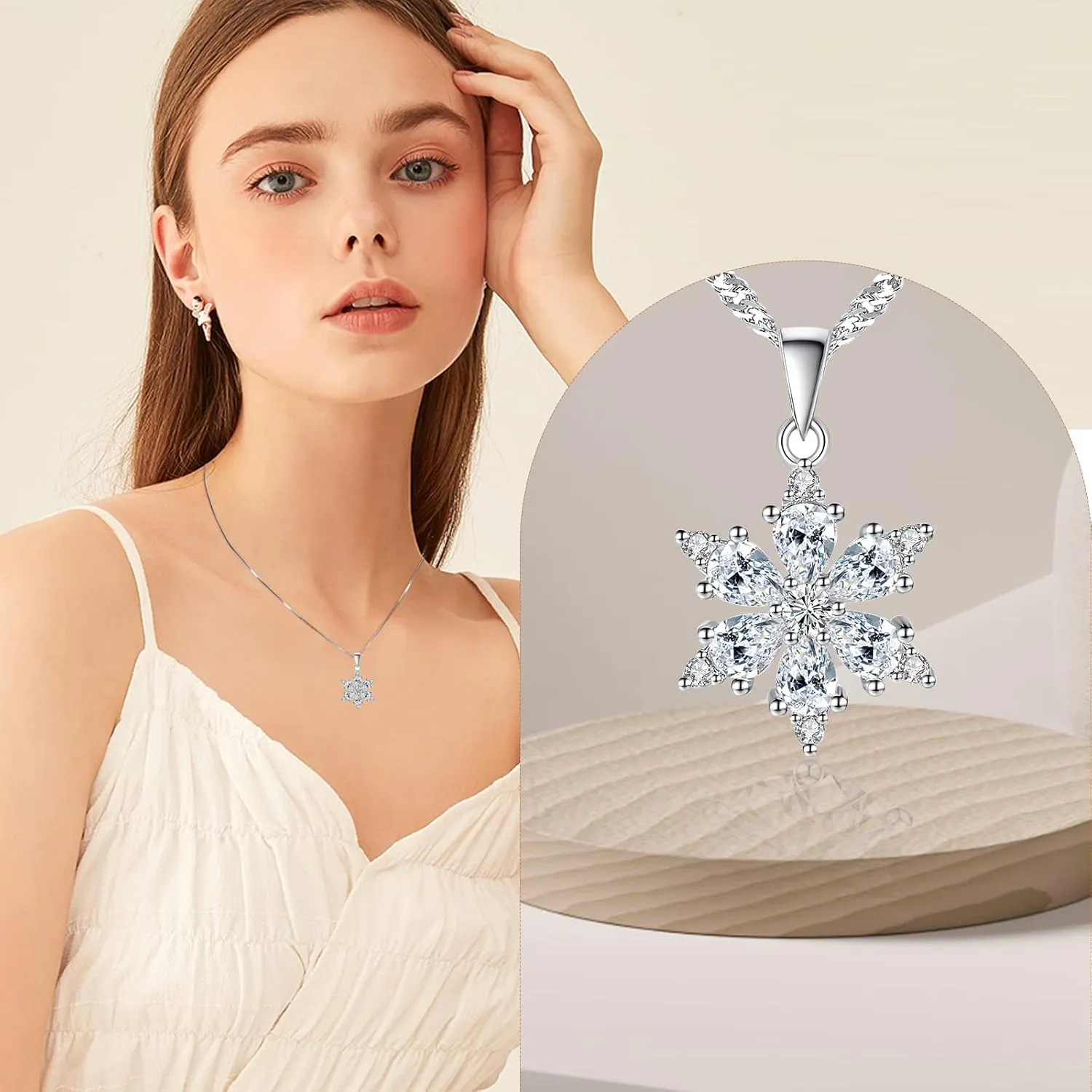 Zirconia Pendant Necklace Snowflake Design with 925 Silver Chain, with a Stunning Pendant Showcasing a Brilliant Round-cut Zirconium Gemstone. Hypoallergenic and anti-rust Material Best Gift for Women