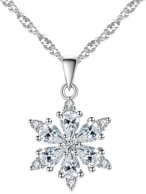 Zirconia Pendant Necklace Snowflake Design with 925 Silver Chain, with a Stunning Pendant Showcasing a Brilliant Round-cut Zirconium Gemstone. Hypoallergenic and anti-rust Material Best Gift for Women