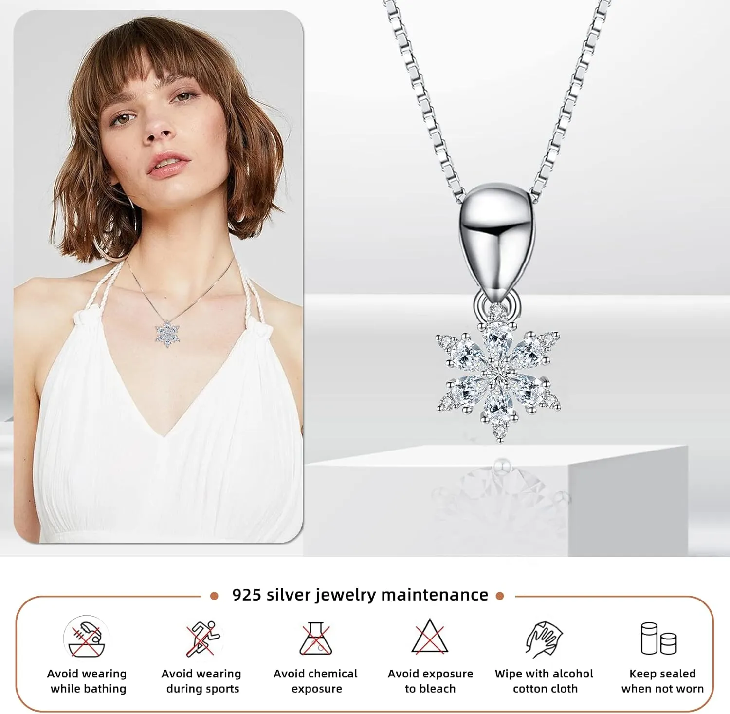 Zirconia Pendant Necklace Snowflake Design with 925 Silver Chain, with a Stunning Pendant Showcasing a Brilliant Round-cut Zirconium Gemstone. Hypoallergenic and anti-rust Material Best Gift for Women