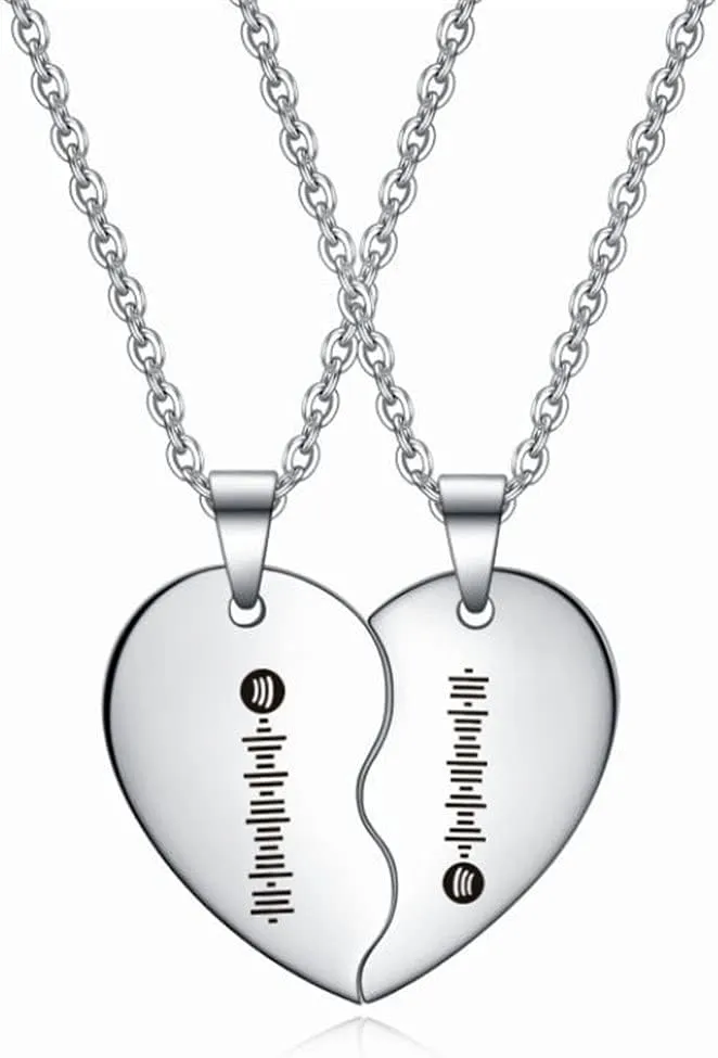 ZKXXJ Personalized Heart Puzzle Necklace,Music Spotify Scan Code Custom Pendant Sun Moon Name Date Love Music Code Heart Matching Pendant Stainless Steel Necklaces for Lover,Bf,Gf,Husband,Wife