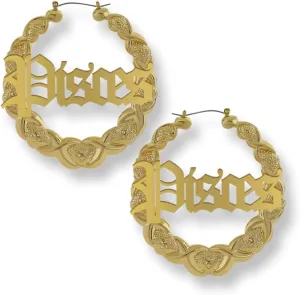 Zodiac Bamboo Hoop Earrings with Old English Font for Women Girls Astrology Earrings Fashion Jewelry 14K Gold Plated 90's Earrings for Women Hip Hop Style Party Accessory