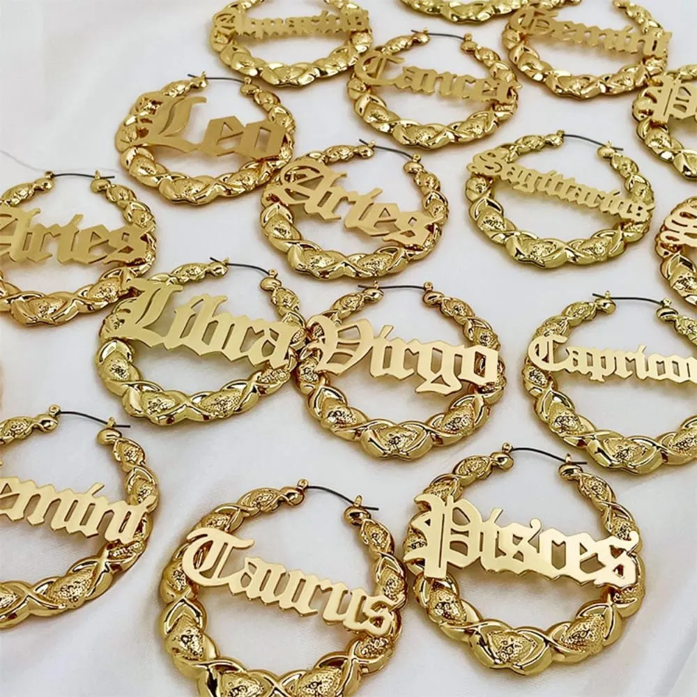 Zodiac Bamboo Hoop Earrings with Old English Font for Women Girls Astrology Earrings Fashion Jewelry 14K Gold Plated 90's Earrings for Women Hip Hop Style Party Accessory
