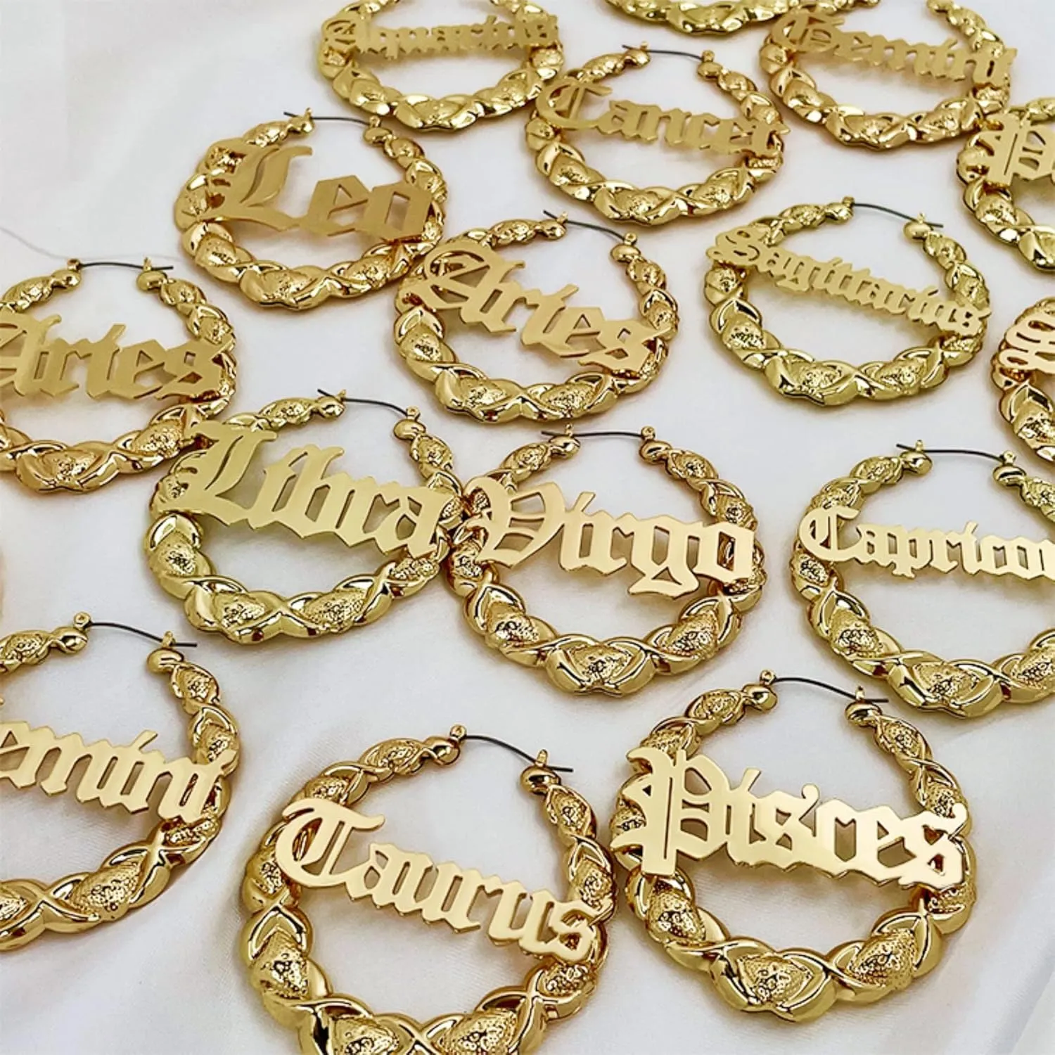 Zodiac Bamboo Hoop Earrings with Old English Font for Women Girls Astrology Earrings Fashion Jewelry 14K Gold Plated 90's Earrings for Women Hip Hop Style Party Accessory