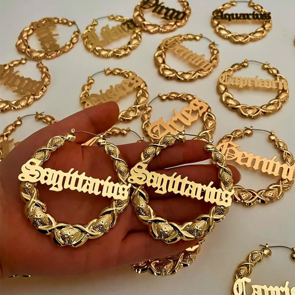 Zodiac Bamboo Hoop Earrings with Old English Font for Women Girls Astrology Earrings Fashion Jewelry 14K Gold Plated 90's Earrings for Women Hip Hop Style Party Accessory