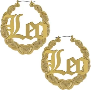 Zodiac Bamboo Hoop Earrings with Old English Font for Women Girls Astrology Earrings Fashion Jewelry 14K Gold Plated 90's Earrings for Women Hip Hop Style Party Accessory