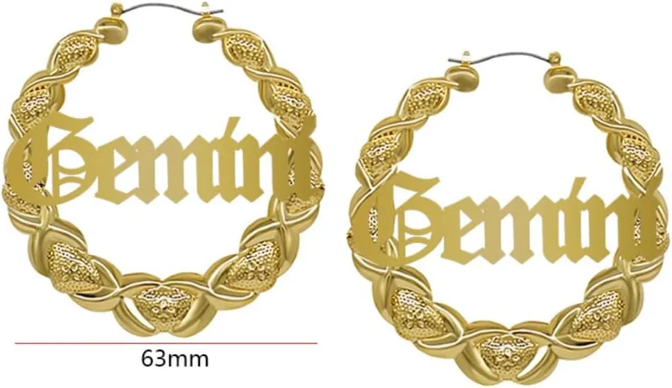 Zodiac Bamboo Hoop Earrings with Old English Font for Women Girls Astrology Earrings Fashion Jewelry 14K Gold Plated 90's Earrings for Women Hip Hop Style Party Accessory