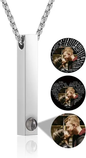 Zysta Picture Necklace Personalized Customized Photo Projection Necklace Vertical Cuboid Bar Pendant Necklace Birthday Anniversary Memorial Jewelry for Women Men