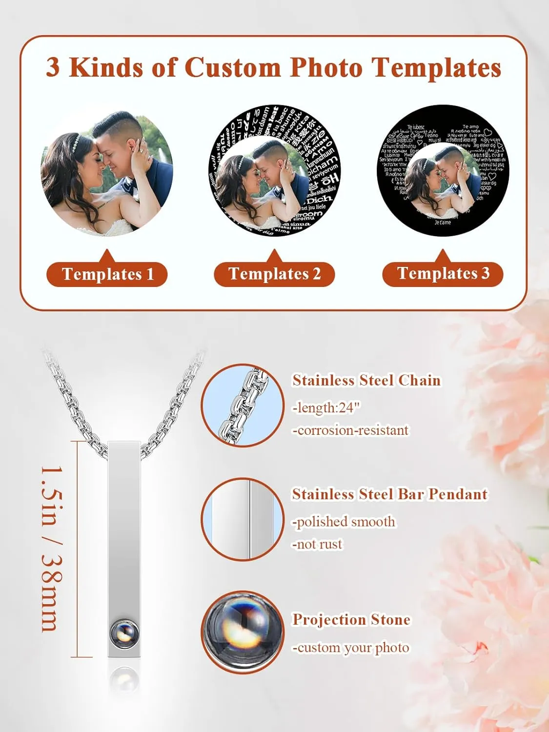 Zysta Picture Necklace Personalized Customized Photo Projection Necklace Vertical Cuboid Bar Pendant Necklace Birthday Anniversary Memorial Jewelry for Women Men